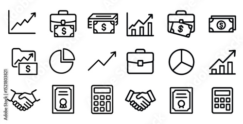 Business and finance icon set for charts, contracts, and calculations