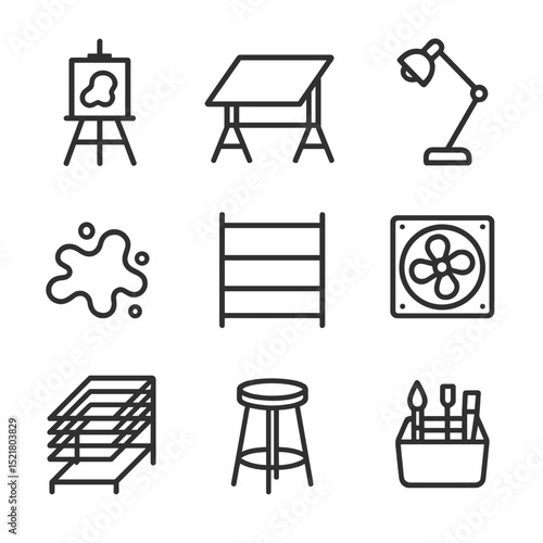 Art Studio Icons. Outline icon set of art studio setup: easel stand, drafting table, studio lamp, paint-splattered floor, storage