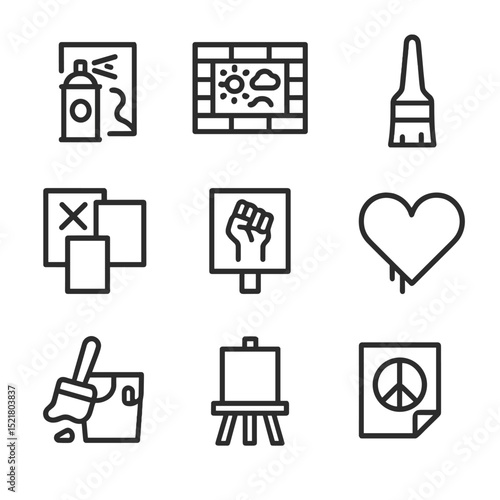 Artistic Protest Icons. Outline icon set of artistic protest installations: stencil spray can, mural wall, paint brush, poster