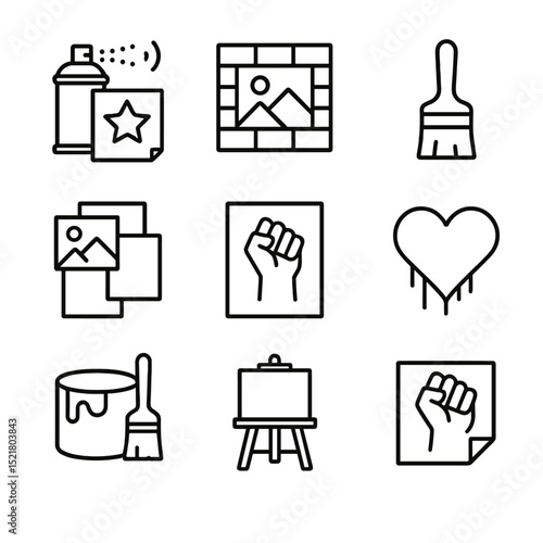 Artistic Protest Icons. Outline icon set of artistic protest installations: stencil spray can, mural wall, paint brush, poster