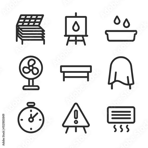 Artwork Drying Icons. Outline icon set of drying artwork display: drying rack, wet canvas, drip tray, fan, shelf, cloth cover,
