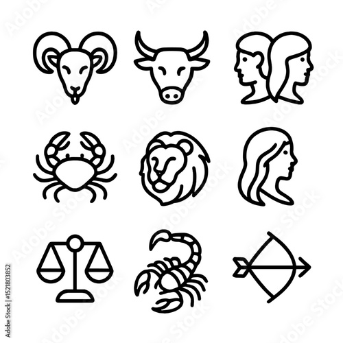 Astrology Icon Set. Outline icon set of astrological symbols: Aries ram, Taurus bull, Gemini twins, Cancer crab, Leo lion, Virgo