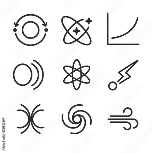 Astrophysics Icon Set. Outline icon set of Milky Way astrophysics concepts: gravitational lens, stellar orbital path, rotation