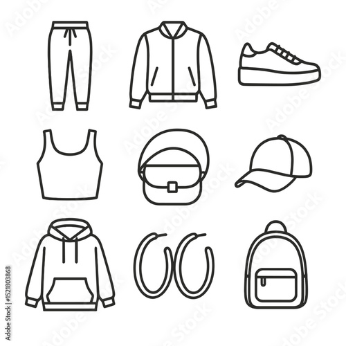Athleisure Icon Set. Outline icon set of athleisure-to-evening transitions: jogger pant, bomber jacket, platform sneaker, crop top