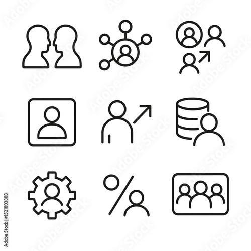 Audience Creation Icons. Outline icon set of lookalike audience creation: mirror silhouettes, similarity network, seed audience,
