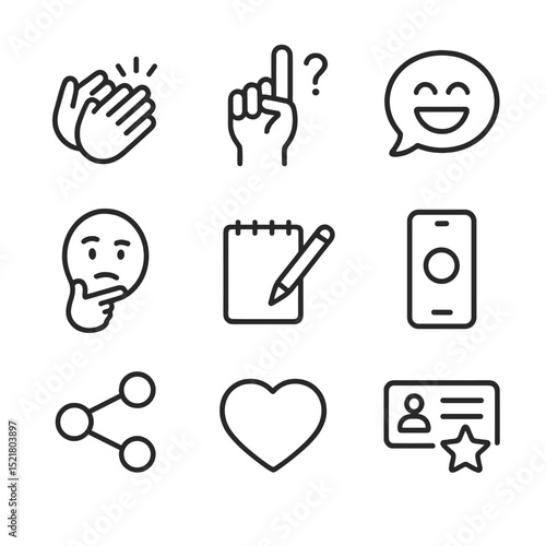 Audience Engagement Icons. Outline icon set of audience engagement: clapping hands, raised hand question, laughter bubble,