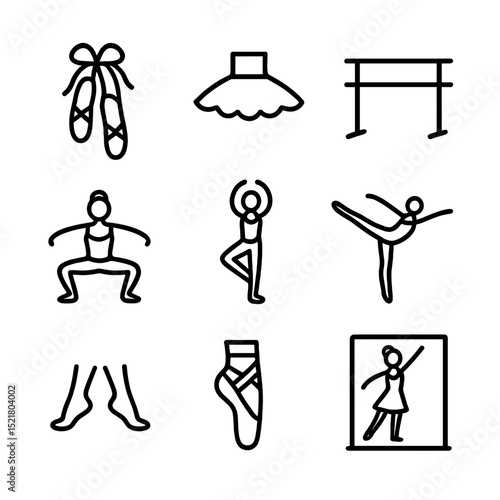 Ballet Icon Grid. Outline icon set of ballet fundamentals: ballet slippers, tutu, barre, plié pose, relevé stance, arabesque line,