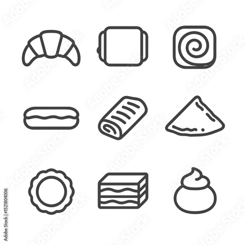 Baking Pastries Icons. Outline icon set of baking pastries types: croissant, pain au chocolat, Danish pastry, éclair, strudel,