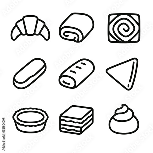 Baking Pastries Icons. Outline icon set of baking pastries types: croissant, pain au chocolat, Danish pastry, éclair, strudel,