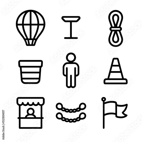 Balloon Ride Icon Set. Outline icon set of tethered balloon rides: hot air balloon, ground anchor, tether rope, basket, crew