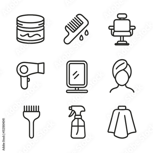Barber Shop Icons. Outline icon set of barber shop styling grease: pomade jar, comb with residue, barber chair, hair dryer, mirror