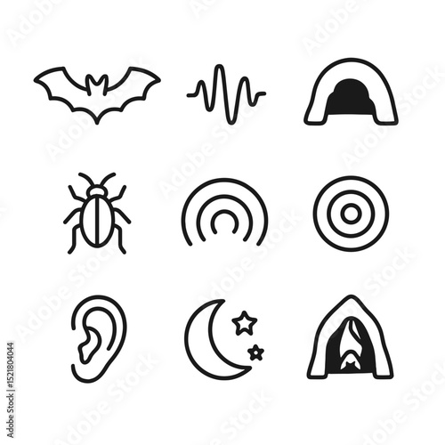 Bat Echolocation Icons. Outline icon set of bat echolocation signals: bat wings spread, ultrasonic wave, cave silhouette, insect