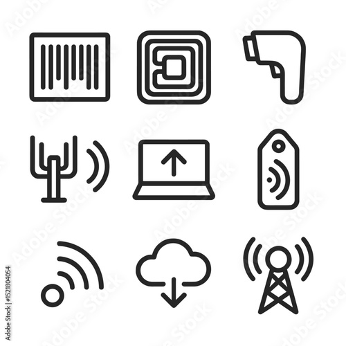 Barcode & RFID Icons. Outline icon set of barcode and RFID scanning: barcode symbol, RFID chip, handheld scanner, antenna, laptop
