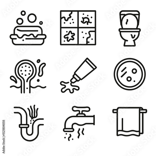 Bathroom Icon Outline Set. Outline icon set of dirty bathroom scenes: soap scum, moldy tile, stained toilet, clogged drain,