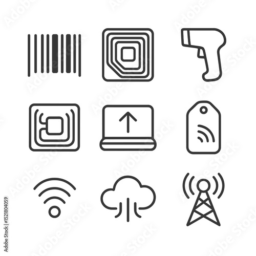 Barcode & RFID Icons. Outline icon set of barcode and RFID scanning: barcode symbol, RFID chip, handheld scanner, antenna, laptop