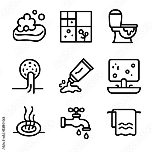 Bathroom Icon Outline Set. Outline icon set of dirty bathroom scenes: soap scum, moldy tile, stained toilet, clogged drain,