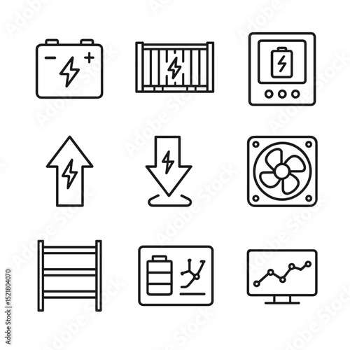 Battery Icon Set. Outline icon set of battery energy storage: lithium-ion battery, grid-scale container, BMS panel, inverter unit,