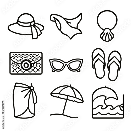 Beach Fashion Icon Set. Outline icon set of beachside fashion shoots: sun hat, flowing scarf, seashell necklace, straw clutch,