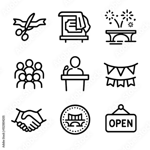 Bridge Inauguration Icons. Outline icon set of bridge inauguration: ribbon cutting, plaque unveiling, celebratory fireworks,