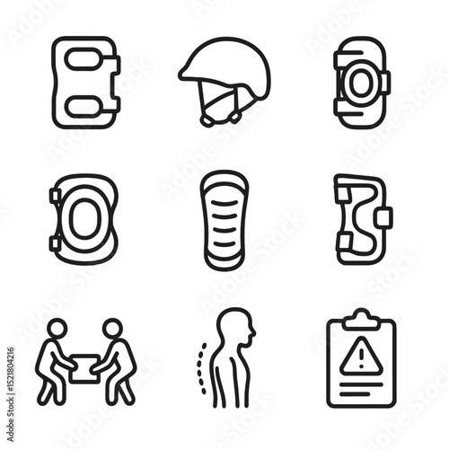 Bruise Prevention Icons. Outline icon set of bruise prevention measures: protective padding, safety helmet, elbow pad, knee pad,