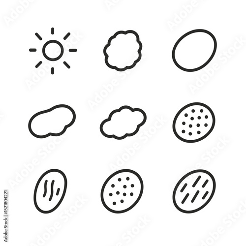 Bruise Healing Icons. Outline icon set of bruise color stages: red spot, purple mark, blue patch, green hue, yellow area, brown