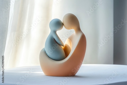 minimalist mother and child art sculpture, stylized like Nordic decor, pastel material, on light stage