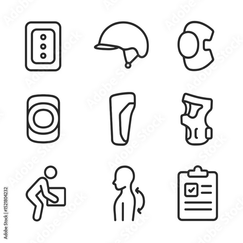 Bruise Prevention Icons. Outline icon set of bruise prevention measures: protective padding, safety helmet, elbow pad, knee pad,