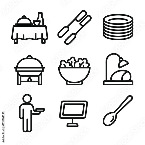 Buffet Icon Set. Outline icon set of buffet interaction scenes: buffet table, serving tongs, plate stack, chafing dish, salad bowl