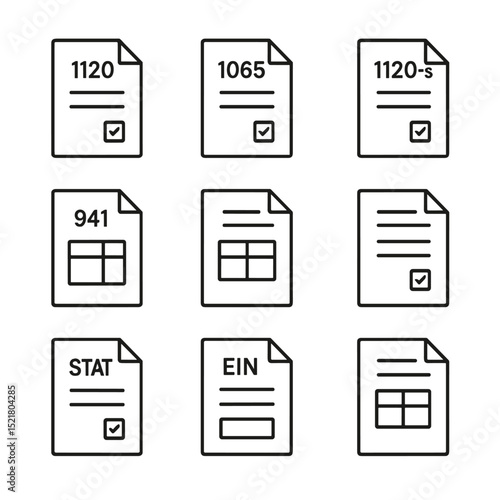 Business Tax Icons. Outline icon set of business tax documents: corporate 1120, partnership 1065, S-corp 1120-S, payroll 941,