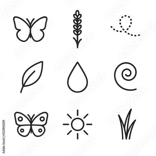 Butterflies in Lavender Icons. Outline icon set of butterflies in lavender field: butterfly silhouette, lavender spike, flutter