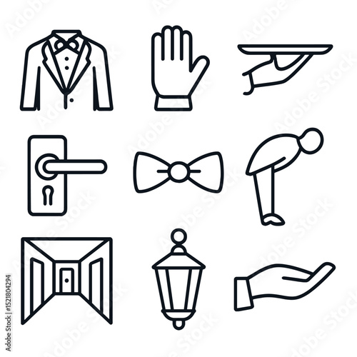 Butler Service Icons. Outline icon set of formal butler service: tuxedo coat, white glove, serving tray, door handle, bow tie,