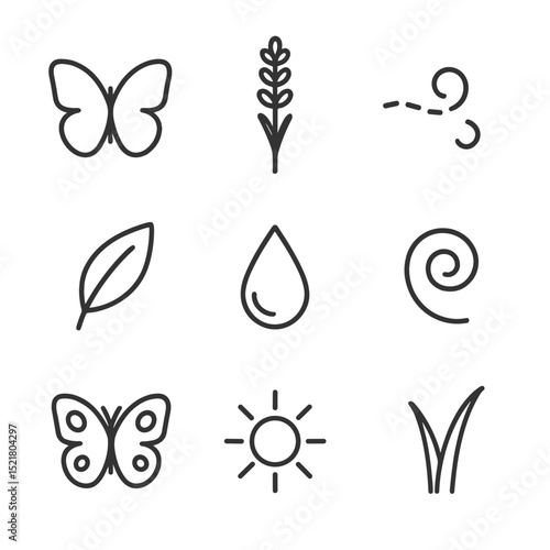 Butterflies in Lavender Icons. Outline icon set of butterflies in lavender field: butterfly silhouette, lavender spike, flutter