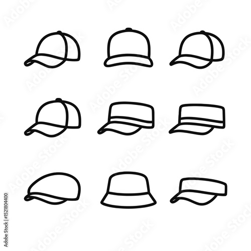 Casual Cap Icon Set. Outline icon set of Casual cap styles: baseball cap, snapback cap, dad hat, trucker cap, five-panel cap,