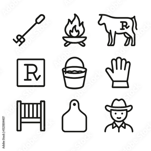 Cattle Branding Icons. Outline icon set of cattle branding: branding iron, branding fire pit, cow flank, branding stencil, cooling