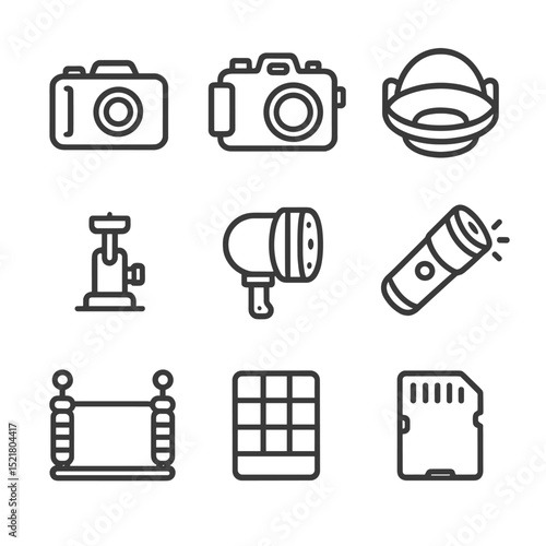 Cave Photography Gear Icons. Outline icon set of cave photography gear: waterproof camera, housing case, wide-angle lens, tripod
