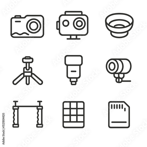 Cave Photography Gear Icons. Outline icon set of cave photography gear: waterproof camera, housing case, wide-angle lens, tripod