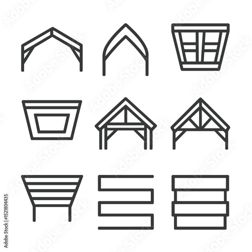 Ceiling Style Icons. Outline icon set of beam and ceiling combinations: vaulted ceiling, cathedral ceiling, coffered ceiling, tray