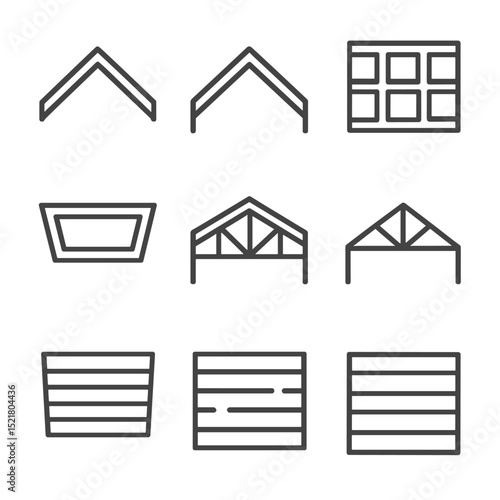 Ceiling Style Icons. Outline icon set of beam and ceiling combinations: vaulted ceiling, cathedral ceiling, coffered ceiling, tray