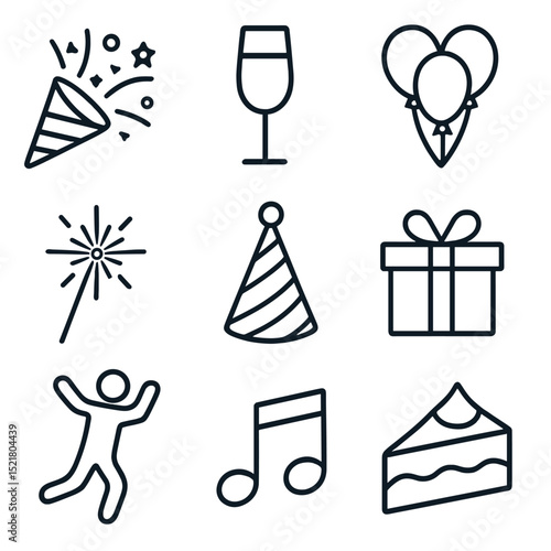 Celebration Icon Set. Outline icon set of blissful celebrations: confetti burst, champagne flute, balloon bouquet, sparkler stick,