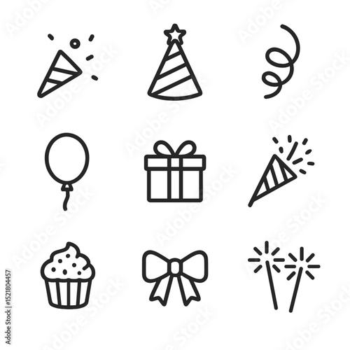 Celebration Icon Set. Outline icon set of celebratory confetti: confetti piece, party hat, streamer, balloon, gift box, popper,