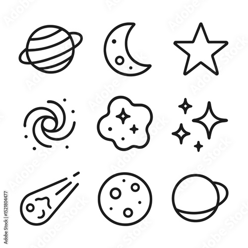 Celestial Icons Grid. Outline icon set of celestial objects: planet, moon, star, galaxy, nebula, star cluster, comet, asteroid,