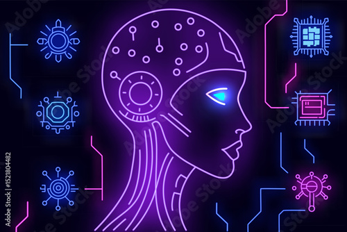 Futuristic neon illustration of a female AI robot head surrounded by glowing microchips and circuits. Concept of artificial intelligence, machine learning, and modern technology.