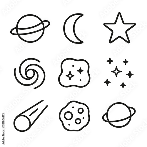 Celestial Icons Grid. Outline icon set of celestial objects: planet, moon, star, galaxy, nebula, star cluster, comet, asteroid,
