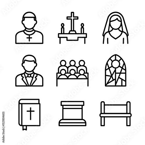 Church Wedding Icon Set. Outline icon set of church wedding ceremony: priest, altar, bride, groom, congregation, pew, stained