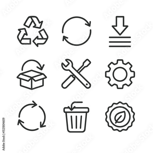 Circular Economy Icons. Outline icon set of circular economy fundamentals: recycle arrows, closed loop diagram, reduce icon, reuse