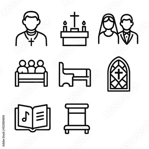 Church Wedding Icon Set. Outline icon set of church wedding ceremony: priest, altar, bride, groom, congregation, pew, stained