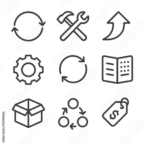 Circular Economy Icons. Outline icon set of circular economy integration: product lifecycle loop, repair toolkit, upcycle icon,