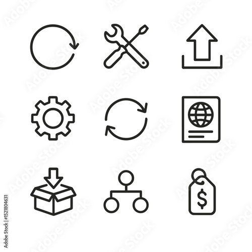Circular Economy Icons. Outline icon set of circular economy integration: product lifecycle loop, repair toolkit, upcycle icon,