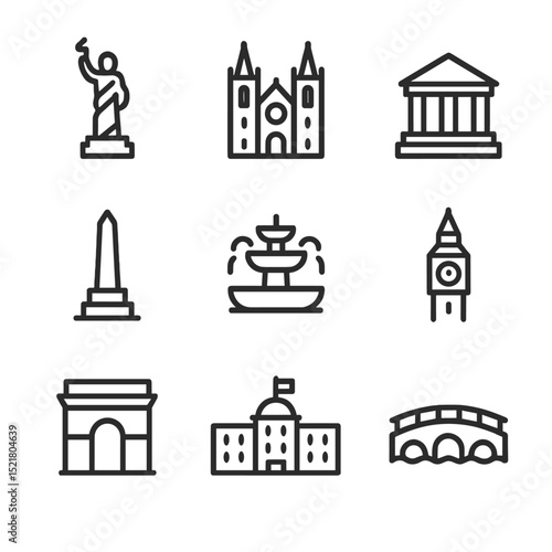 City Landmark Icons. Outline icon set of city landmarks tour: statue, cathedral, museum, monument, fountain, clock tower, arch,