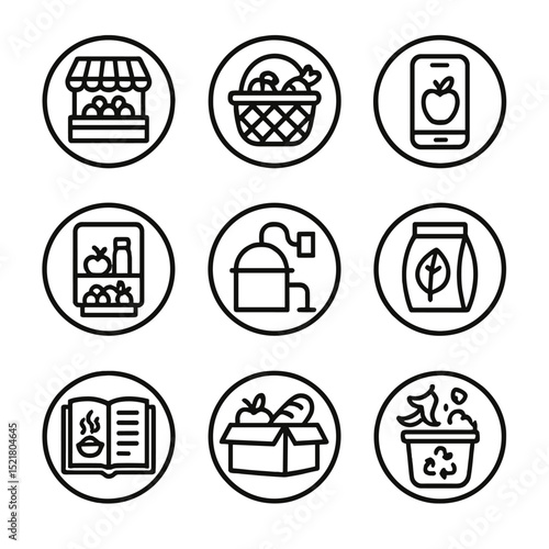 Circular Food Icons. Outline icon set of circular food systems: farmer’s market stall, gleaning basket, surplus food app,